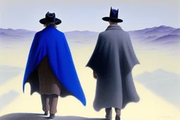 two people in capes and hats seen from behind walking side by side in an empty foggy plain, above there is blue sky by artist "Leonora Carrington"