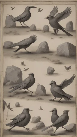 Birds carrying stones in their feet, throwing them at the knights