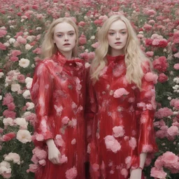 Elle fanning and dakota fanning , as flowers, red shiny plastic coats