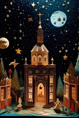 whimsical paper diorama collage, surreal, surrealism, Greek temple at night with beautiful stars, qajar art, twinkling lights, magna graecia architecture, beautiful night scene, dreamscape, Christmas mood