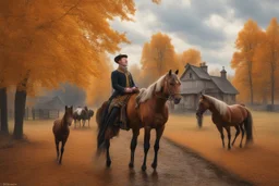 Fascinating, ultra-realistic nature in the photo. Golden autumn. A 32-year-old man in 19th-century Russian clothes walks towards the horses with his head raised to the sky, a smile on his face. In the background, the Russian estate of a 19th-century nobleman and three horses stand at the outhouse.