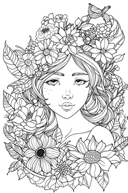 outline art for square woman flowers crown coloring page for kids, classic manga style, anime style, realistic modern cartoon style, white background, sketch style, only use outline, clean line art, no shadows, clear and well outlined