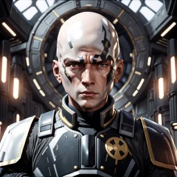 star wars bald male corellian pilot wearing pearlescent black and gunmetal grey First Order special forces heavy assault armor and helmet with gold trim inside the jedi temple, centered portrait, hyperdetailed, dynamic lighting, hyperdetailed background, 8k resolution, volumetric lighting, light skin, fully symmetric details