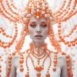 a close up of a woman with pearls on her head, digital art, inspired by andrey ryabovichev, digital art, white and orange breastplate, bubble goth makeup, trending on juxtapoz magazine, instagram art, porcelain looking skin, gorgeous composition, in style of beeple, haute couture, spheres, shot with Sony Alpha a9 Il and Sony FE 200-600mm f/5.6-6.3 G OSS lens, natural light, hyper realistic photograph, ultra detailed -ar 3:2 -q 2 -s 750