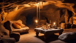 204, Inside a luxury ancient Neanderthal cave dwelling underground, beautiful furs, stone furniture, oil lamps, food and drink, primitive affluence, chiaroscuro, color, award-winning colour photograph, beautiful composition, detailed, realistic, confident beauty, strange