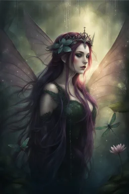 Red hair , dark red, dark Fairy wings Purple hair,water lilies,dark fairy ,ldark red hair princess,nymph,elven crown,dragonflies,tiara,,gothic,glitter,rapunzel hair, very long hair,green eyes