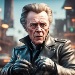 airbrush with pen outline, close up portrait of cool space pimp Christopher Walken gremlin in high speed action scene, wearing driver gloves, in the style of a fallout 4,bokeh like f/0.8, tilt-shift lens 8k, high detail, smooth render, down-light, unreal engine, prize winning