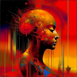 Exponential decay paradigm shift, abstract surrealism, by Dave McKean and Arthur Secunda and H.R. Giger, silkscreened mind-bending illustration; asymmetric, Braille art, warm colors, dark shine, saturated colors, atmosphere guided by N(t)=N0​⋅e−kt