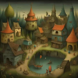 A surreal village inspired by Shaun Tan's and Hieronymus Bosch work