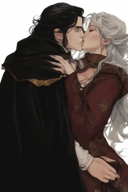 Couple from dnd passionate kissing, woman with white hair wearing a dress, man with long black hair tunic and red cloak.