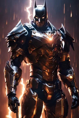 Dark Lord Batman mechanical robo warrior character, anthropomorphic figure, wearing futuristic mecha warrior armor and weapons, reflection mapping, realistic figure, hyperdetailed, cinematic lighting photography, 32k uhd with a golden staff, red lighting on suit, lightning thunder storm background