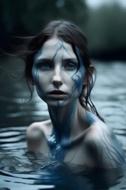 Water nymph with blue skin. A short woman with brown hair, naked, with white-gray, empty eyes. He wields powerful magic. He lives in a lake with trees in it