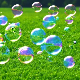 Soap bubbles on grass and happy people