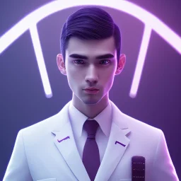 man, cute face, white highlight hair, brown eye, white, skin, purple suits, futuristic, science, purple, blue, dark pink background lighting, technology, profile, asian boy, square face, light orange, pug