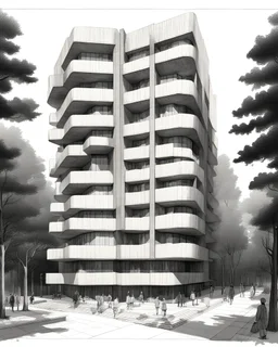 Dibujo arquitectónico de un edificio de cinco pisos, moderno, diseñado aplicando la proporción, estilo brutalista, calidad ultra, gente, árboles