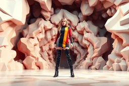 beautiful full body with long boots lady in surreal stage made of fractal random size polygonal recursive 3d objects contrasting color strips in clothing similar to environment full body posing to camera,infinite world of strange