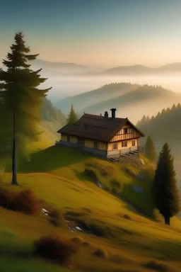 A house on top of the mountain and below the mountain there are trees in the morning