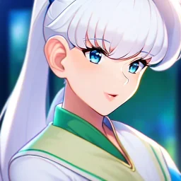 Clear focus, 8k, Elf, ranma drawing style, White hair, ponytail, hair in between the eyes, up close,