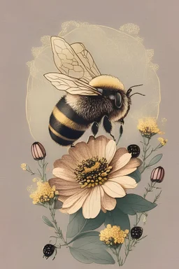 in a cosy vintage style, a bumble bee lands on a flower