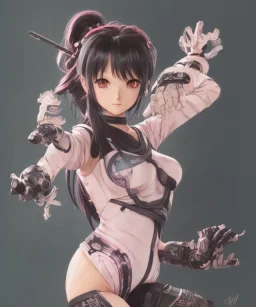 Detailed cute anime Kunoichi girl using magic ,bodysuit, intricate details, full body portrait, keep head in frame, slight smile, black Japanese motif, concept art, highly detailed, digital painting, concept art, sharp focus, illustration, art by Yoji Shinkawa, WLOP and greg rutkowski and alphonse mucha and artgerm and yanjun Chen and Junji ito and Makoto Shinkai, HDR, octane render