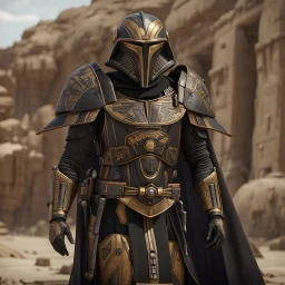 star wars bald male corellian pilot wearing pearlescent black and gunmetal grey First Order special forces heavy assault armor and helmet with gold trim inside the jedi temple, centered portrait, hyperdetailed, dynamic lighting, hyperdetailed background, 8k resolution, volumetric lighting, light skin, fully symmetric details