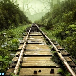 an abandoned train on tracks overgrown by nature with large puddles of water flooding part of train tracks, 8k resolution, high-quality, fine-detail, intricate, digital art, detailed matte, volumetric lighting, illustration, 3D octane render, brian froud, howard lyon, selina french, anna dittmann, annie stokes, lisa parker, greg rutowski