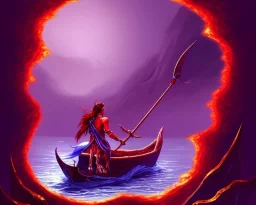 sango fantasy, fantasy magic, intricate, sharp focus, illustration, highly detailed, digital painting, concept art, matte, Greek mythology Charon ferryman, skeleton in full length cape, in boat on river styx, sharp jagged rocks, red purple blue colours, red hot lava river