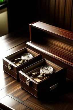 "Produce an image that showcases a Key Bey Berk watch box in a well-lit room. The box should be made of high-quality, dark wood with a glossy finish. Show multiple watch compartments inside, each containing an elegant watch, and reflect the room's sophistication in the image."