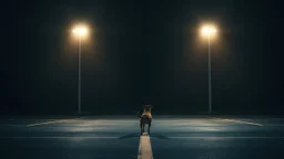 dog in a really dark mysterious photo of big empty indoors parking lot at day with bright lights near a forest with a feeling of isolation, a profound sense of being cut off or detached in a simple style with no signs of life