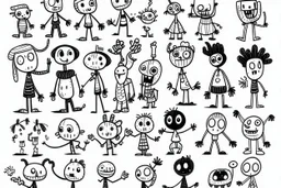 make a bunch of simple hand-drawn spooky and cute cartoon characters with bodies arms, and legs I could draw and make them all different