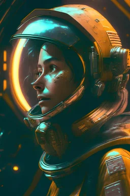 0The player is wearing an astronaut helmet, in the style of cyberpunk dystopia, 32k uhd, womancore, bronze and amber, dreamlike settings, gorecore, ivan albright –ar 107:53 –