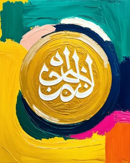 Arabic calligraphy oil painting with thick, textured impasto brushstrokes. The composition centers around a large circular golden-yellow core surrounded by five off-white and pastel-colored swirling circles, The background is a rich, layered mix of deep olive color, teal, yellow, and navy blues, interwoven with accents of teal, burnt orange, and fuchsia. The style is expressive and bold, with visible palette knife strokes and heavy layering of oil pain
