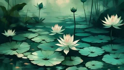 aesthetic, painterly style, lotus pool, dragonfly