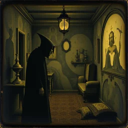 Daguerrotype, mysterious figure, odd background, Hieronymus Bosch, room, Max Ernst, ambient light, by Minicavio Quollati and Marlost Endgulp, exoteric, mystic, Amano, Arcimboldo, Hieronymus Bosch, Alphonse Mucha