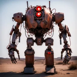 trash mech suit, human-sized, made of scrap metal, cockpit, light rust, round, one red glowing eye, loose wires, escape hatch