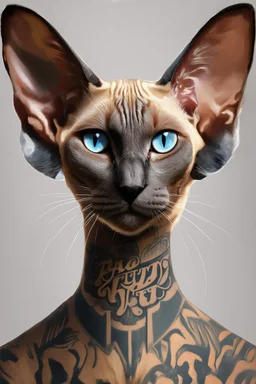 A stunning, hyper-detailed digital painting of a Siamese cat, transformed into a mesmerizing fusion of feline and human elements. The cat's eyes are striking blue orbs with a slit pupil, set on a face that exudes natural curiosity. Its body is a combination of cream, tan, and grey, with a distinct wrinkled texture and hairless appearance. Superimposed onto a human body, the cat has remarkably large, bat-like ears. The heavily tattooed neck features a banner with the words "Bad Kitty" in stylized