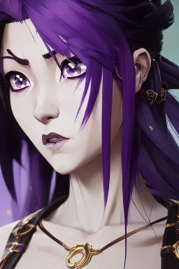 Detailed cute anime Kunoichi girl, purple hair buns, purple bangs, black latex bodysuit, intricate details, full body portrait, keep head in frame, slight smile, black Japanese motif, concept art, highly detailed, digital painting, concept art, sharp focus, illustration, art by Yoji Shinkawa, WLOP and greg rutkowski and alphonse mucha and artgerm and yanjun Chen and Junji ito and Makoto Shinkai, HDR, octane render