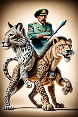 mexican general Hitler on fast cheetah dog donkey lion snake, airbrush and pen outline, motion blurred background