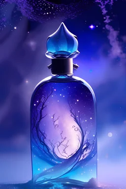 "Create an image of a perfume bottle that evokes mystery, magic, and fantasy. Use shades of light blue, blue, magenta, and violet. The bottle should be elegant and slightly curved, with a delicate design. Include a dreamy background with soft mists, bright lights, stars, and light sparkles to enhance the magical feel. The overall atmosphere should be enchanting and mysterious.