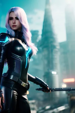 Futuristic fantasy assassin, portrait from waist up, physically fit, latex and leather attire, blue eyes, pastel hair, intricate eyeliner, vibrant eyeshadow, clear completion, soft lighting, 4k resolution, intricate details, insanely detailed, colorful cityscape background, masterpiece, expert, cinematic smooth, retroanime style, realistic details, no helmet