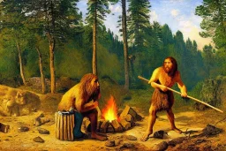 neanderthal holding a club, cave, bear, campfire, stone age, Impressionism, masterpiece, mellow, dawn,