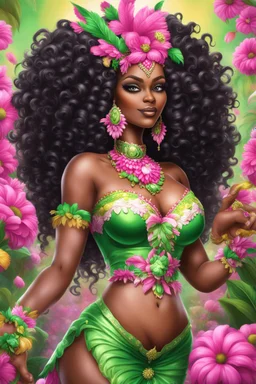 Create a digital airbrush cartoon of a curvy African American female wearing Brazilian carnaval outfit outfit that's pink, green and white. Prominent make up with hazel eyes. Highly detailed very long extremely curly black hair. Her skin is smooth and silky. Background of a judge full of colorful flowers