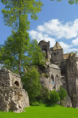 small gothic medieval house built into a rock face, rooms appear added on, lake, trees, arches, bridge, foliage, balconies, sunny blue sky