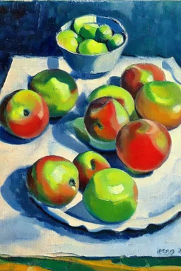 Abstract impasto oil painting of an apples on a table cezanne