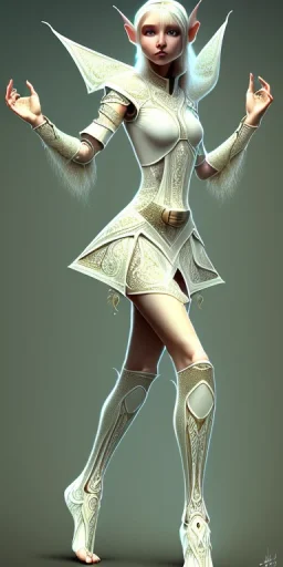 Symmetric cute and adorable female elf style adventurer dressed in a fresh light dress and anatomically correct bare feet into a white room, in style of D&D, microdetails, ultradetailed body, long shot --ar 2:3