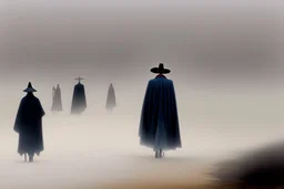 two people in capes and hats seen from behind walking side by side in an empty foggy plain by artist "Leonora Carrington"