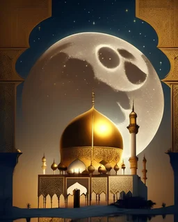 A mosque and a golden moon and an angel