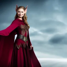 beautiful elf woman, Emilie de Ravin, wearing long cape over simple dress, uhd, ambient lighting, 4k, dark background --no hood