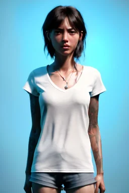 Ultra Realistic image, 25 years old brunette woman, Madrid, portrait, small stature, small chest, yakuza body tattoo, white broken cotton short undershirt, black latex short, akira anime style, night Tokio background, vibrant color, highly detailed, art stations, concept art, smooth, unreal engine 5, god rays, ray tracing, RTX, lumen lighting, ultra detail, volumetric lighting.