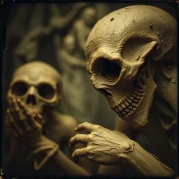 Daguerrotype close up of some mysterious figures, odd background, cinematic, Hieronymus Bosch, Max Ernst vegetal life, rotten, ambient light, cry